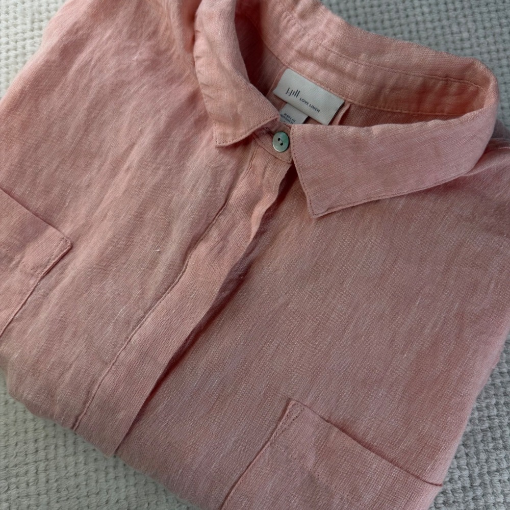 J. Jill Love Linen Coral/Pink Button Down Shirt 100% Linen Long Sleeve Pocket L